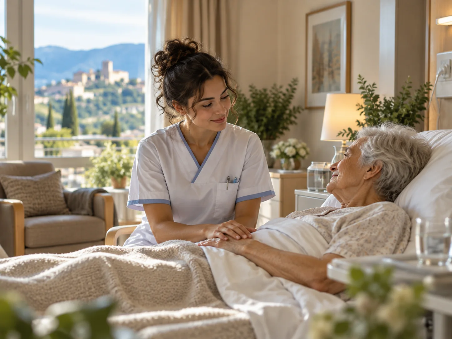 Professionista sanitario vicino a una paziente in una stanza di degenza Hospice