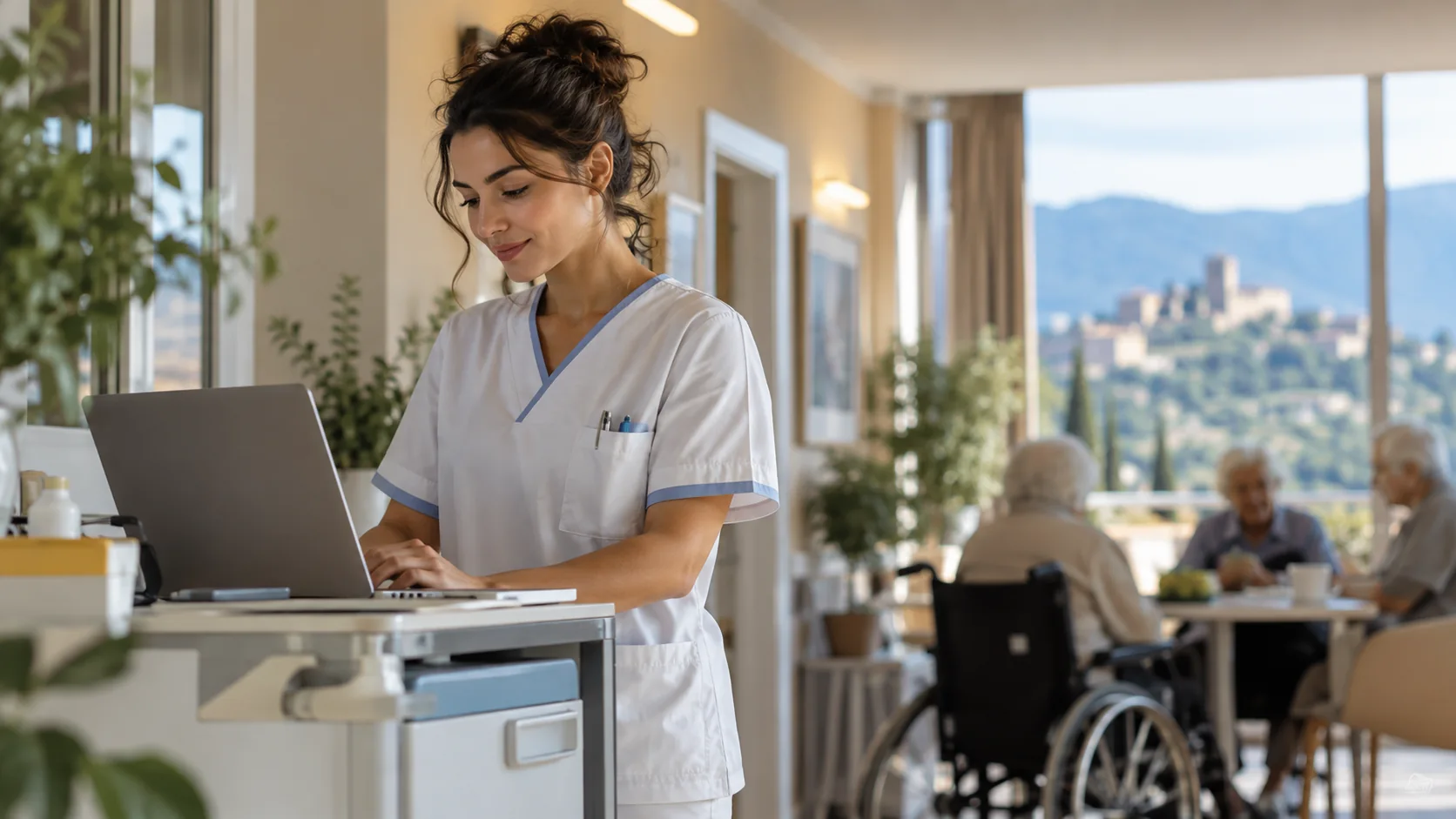 Infermiera al lavoro con un computer in un ambiente residenziale sanitario luminoso
