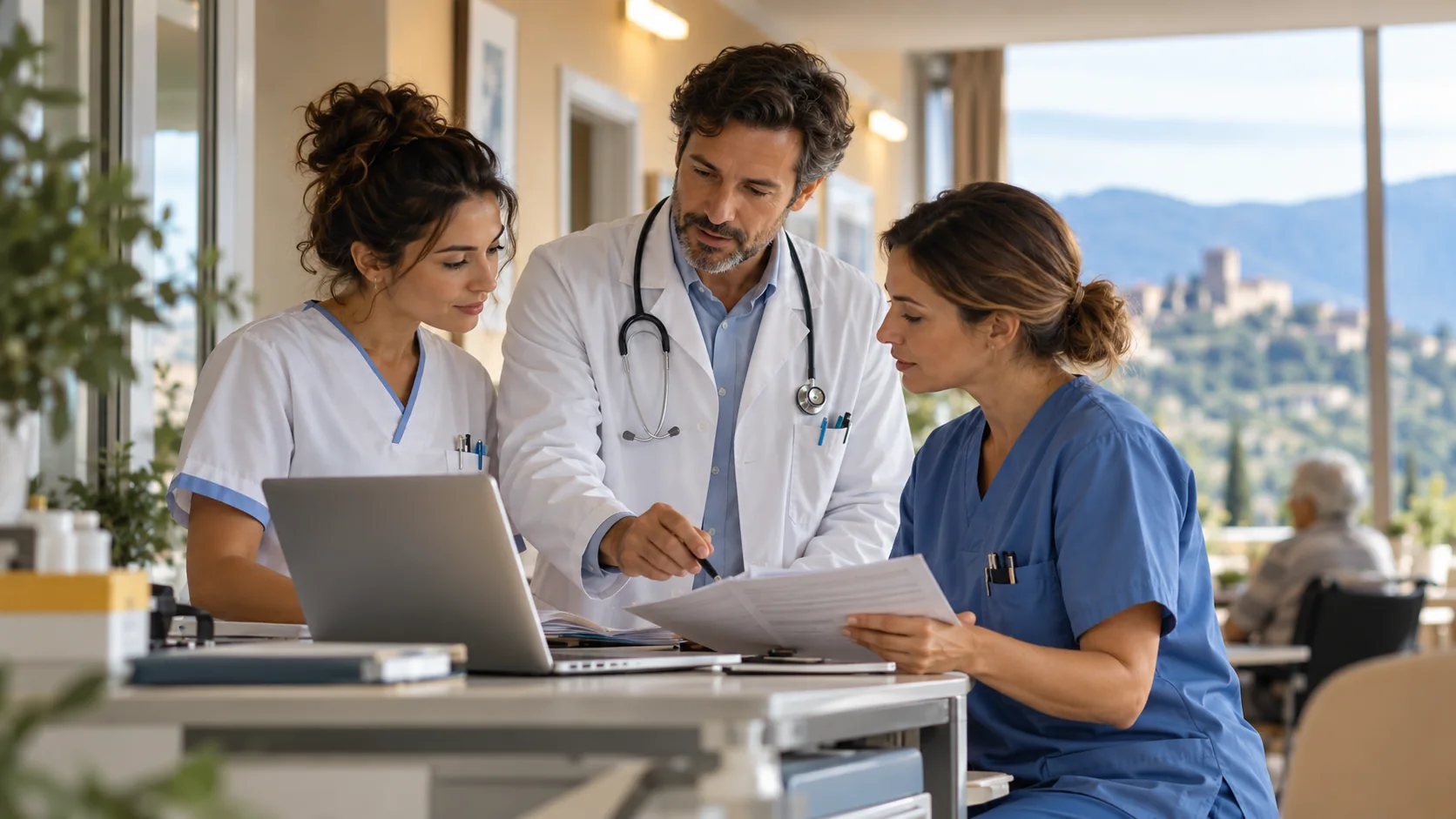Medico e infermieri confrontano un piano assistenziale usando documenti e computer
